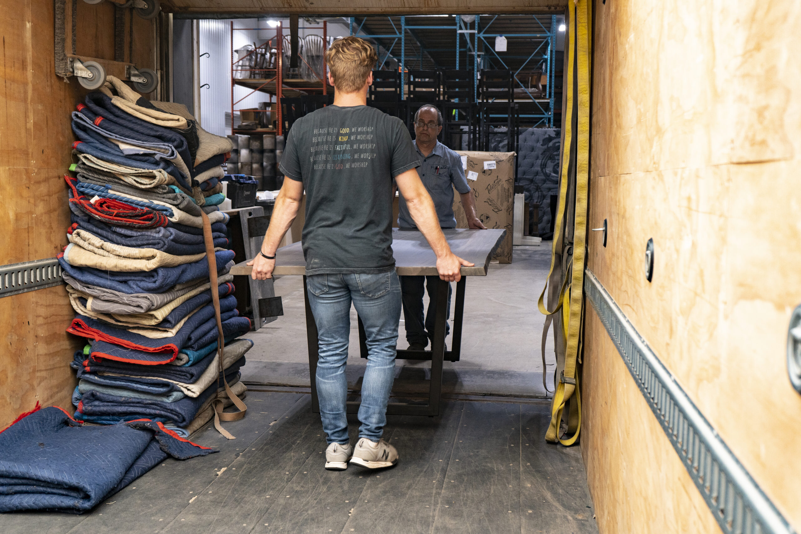 Solid wood furniture handled and prepared for delivery