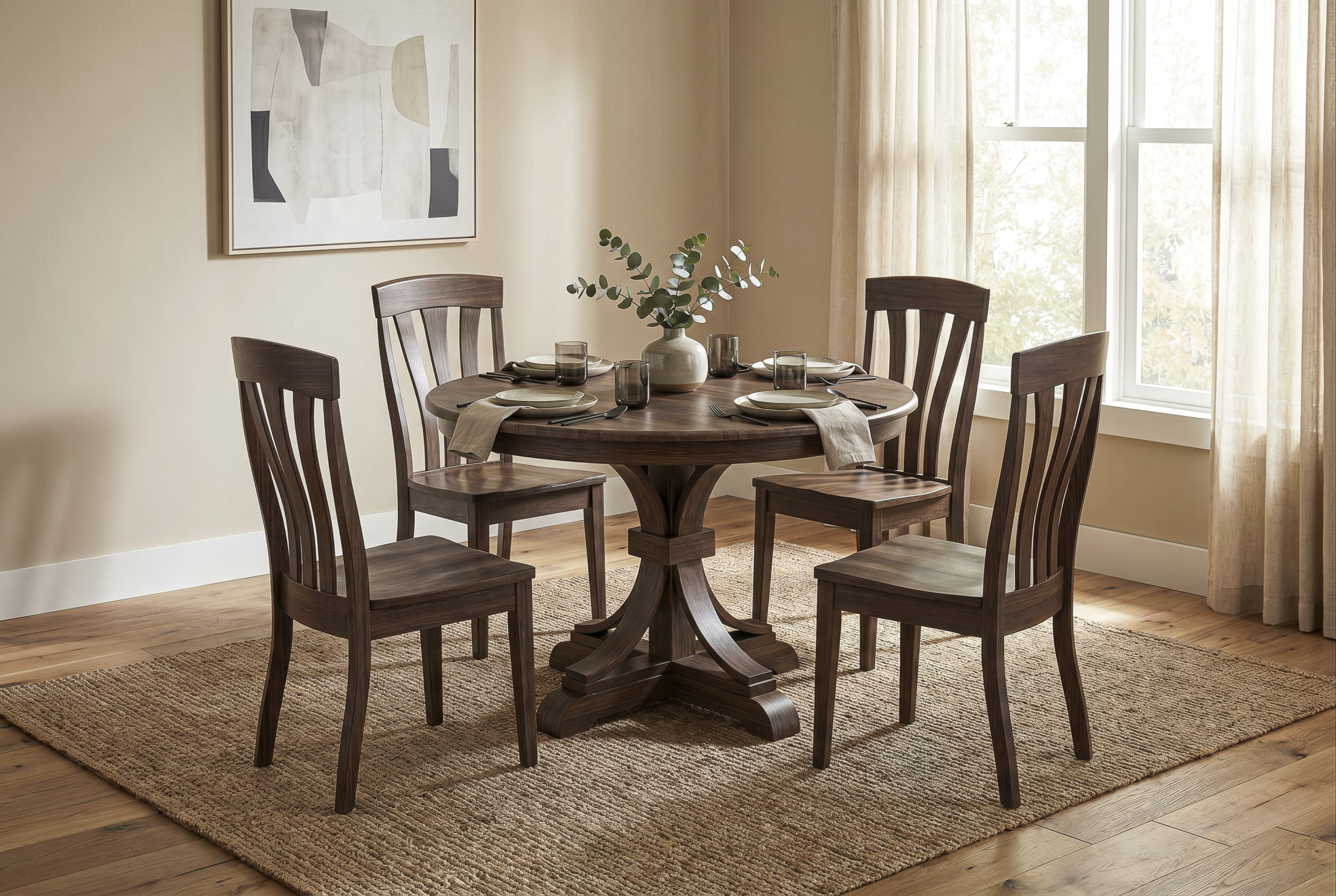 Handcrafted solid wood dining table and chairs in a warm room setting