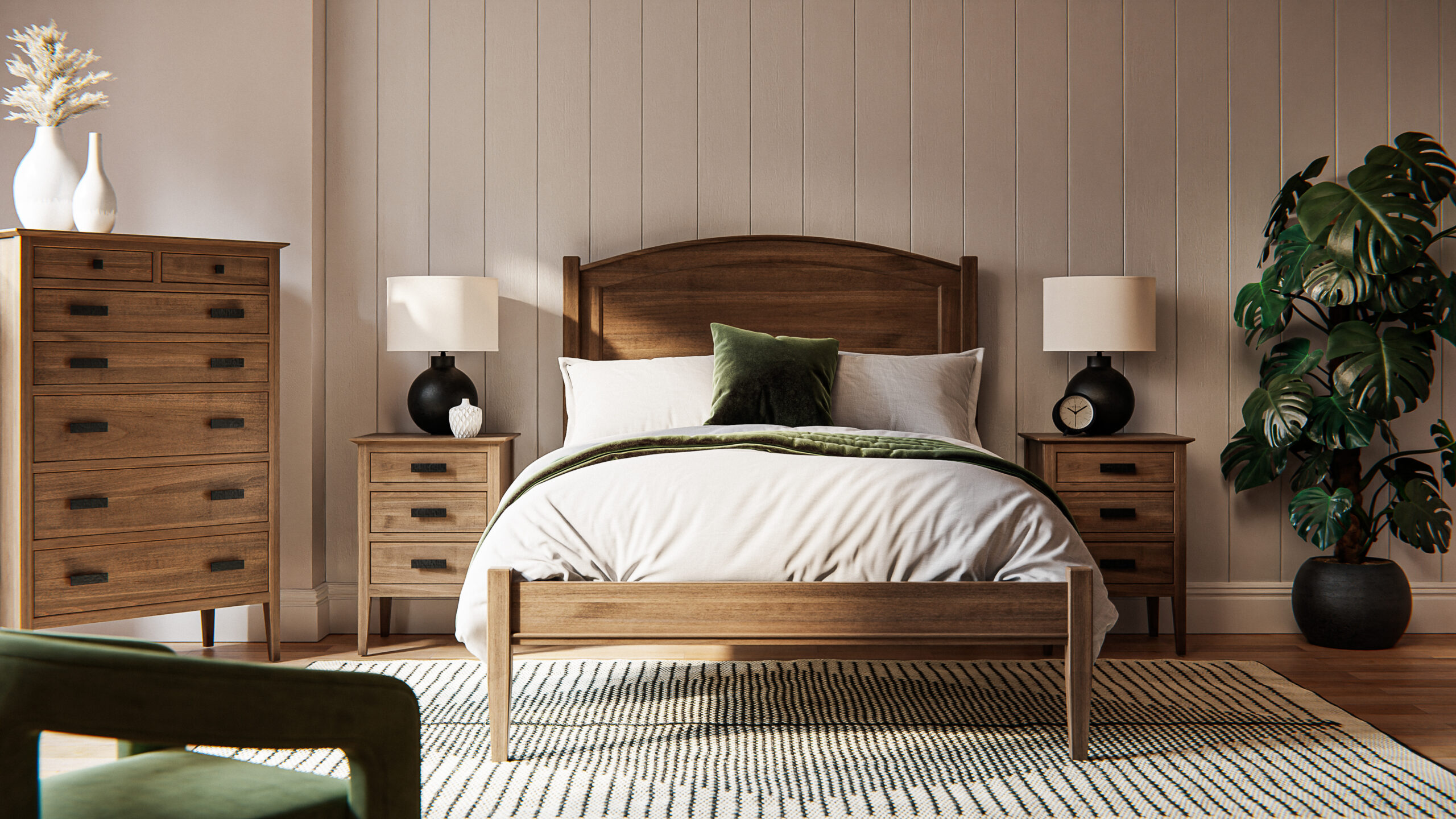 Handcrafted solid-wood bedroom furniture in a warm room setting