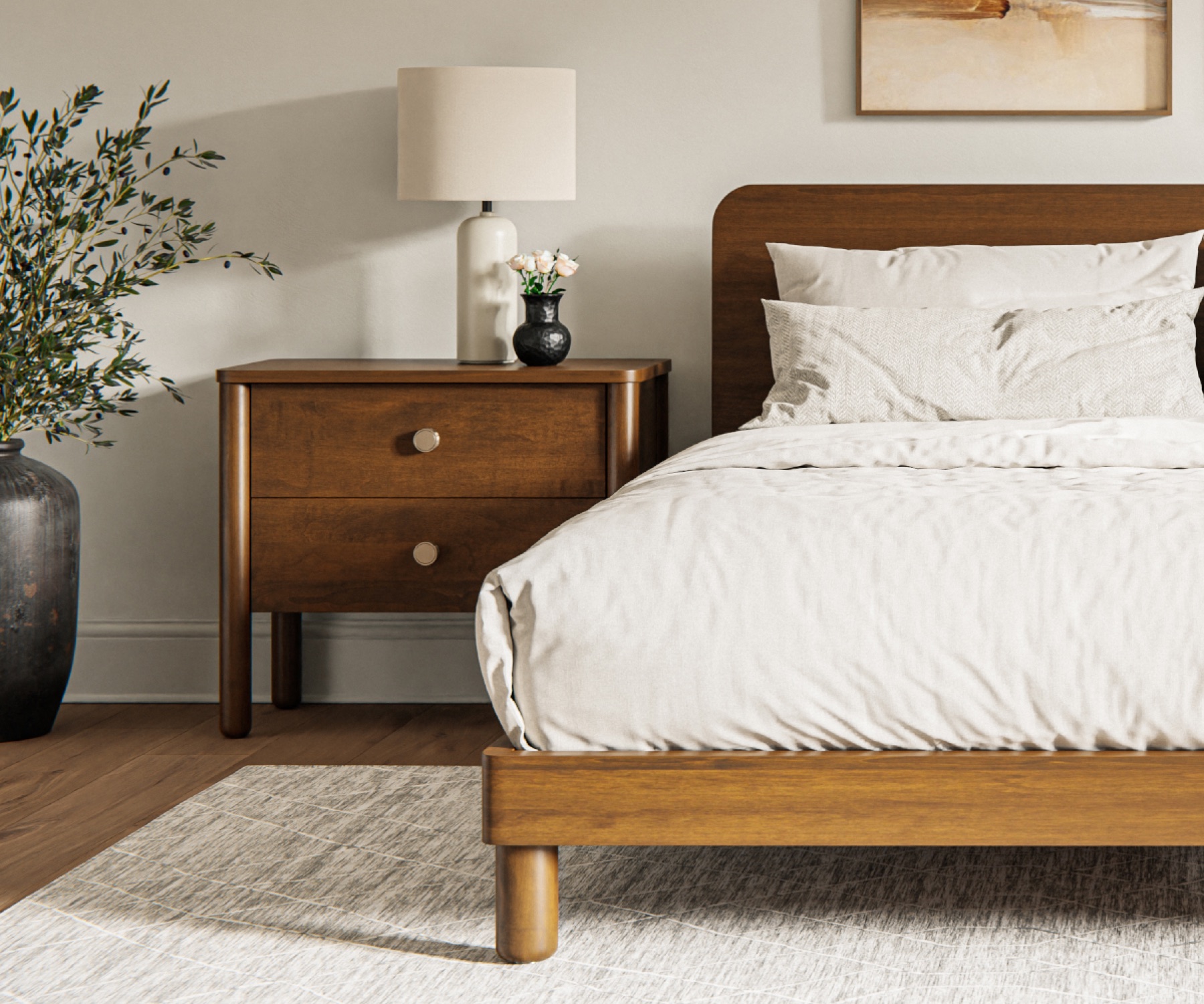 Handcrafted bedroom furniture in a calm, refined room setting