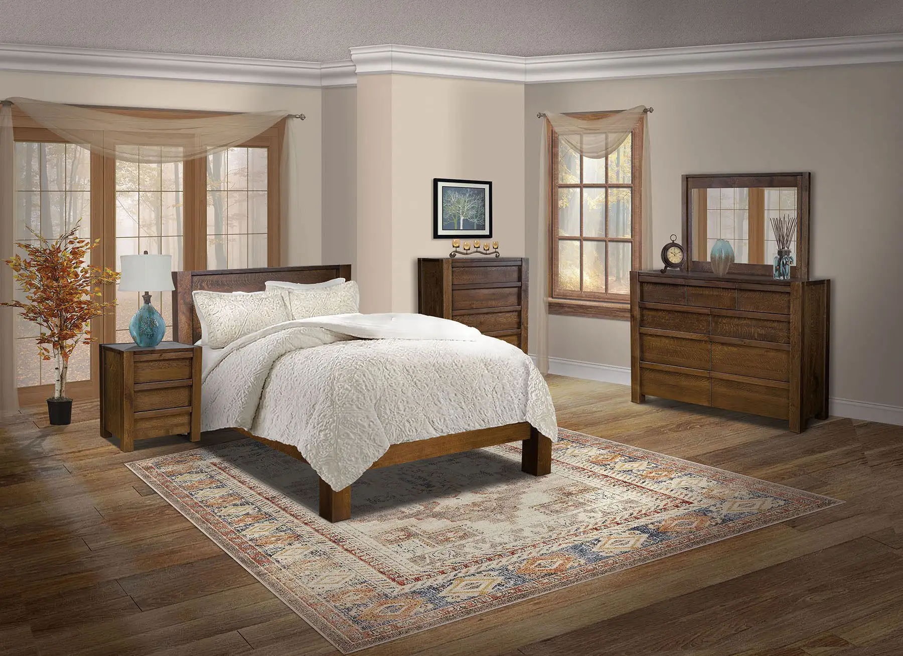 Big Sur collection solid wood bed, nightstands and dresser in a bedroom