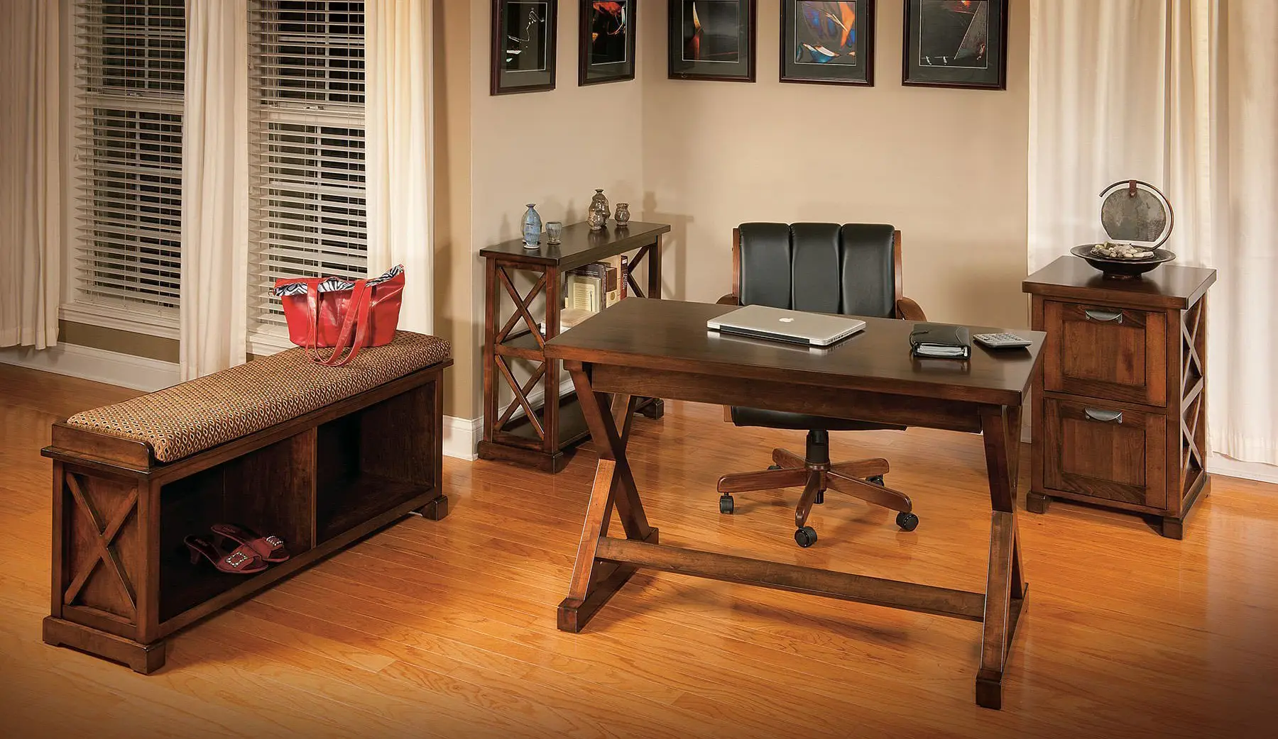 Dexter collection solid wood desk, file cabinet and bench in a home office