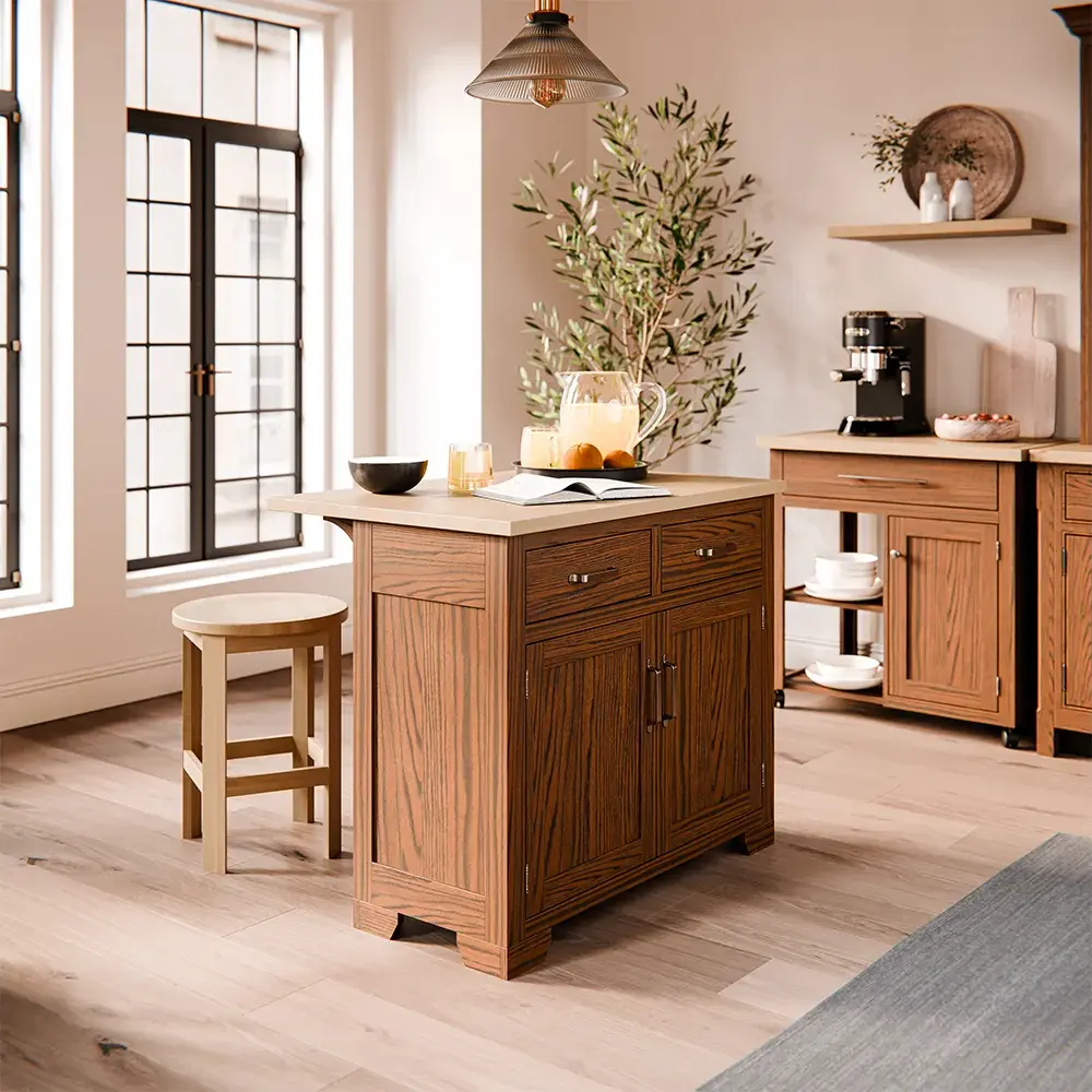 Solid wood kitchen island with a wood stool in a bright kitchen