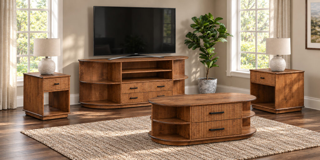 Handcrafted living room seating and tables in a welcoming room setting