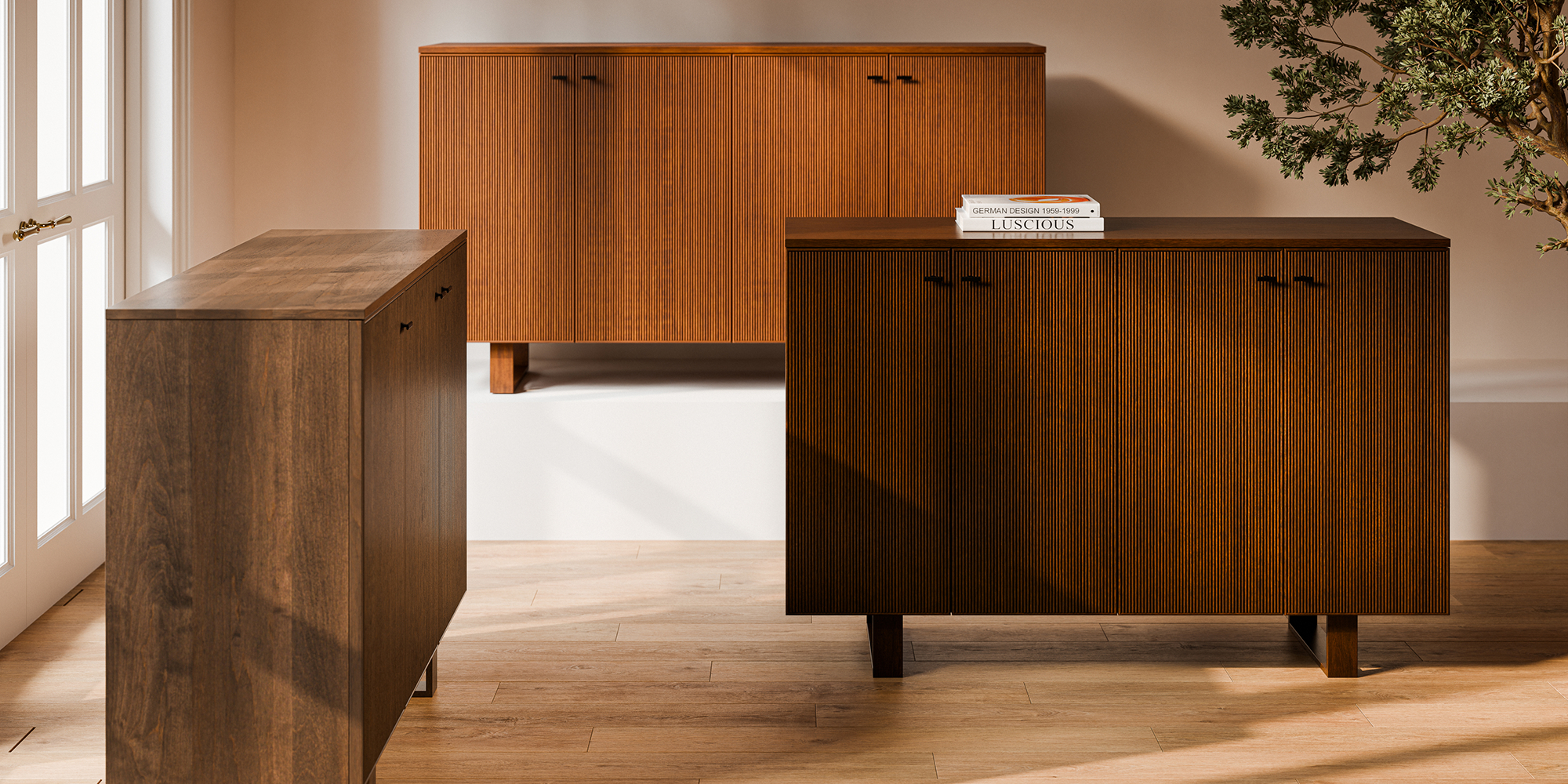 Solid wood Amish kitchen storage cabinets in a softly lit room
