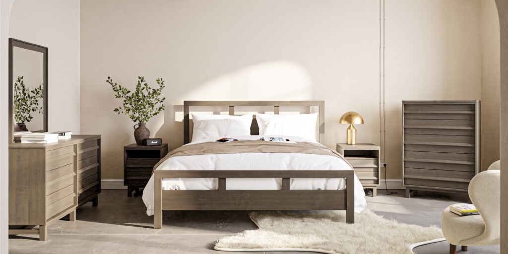 Warm solid wood bedroom furniture in a refined room setting