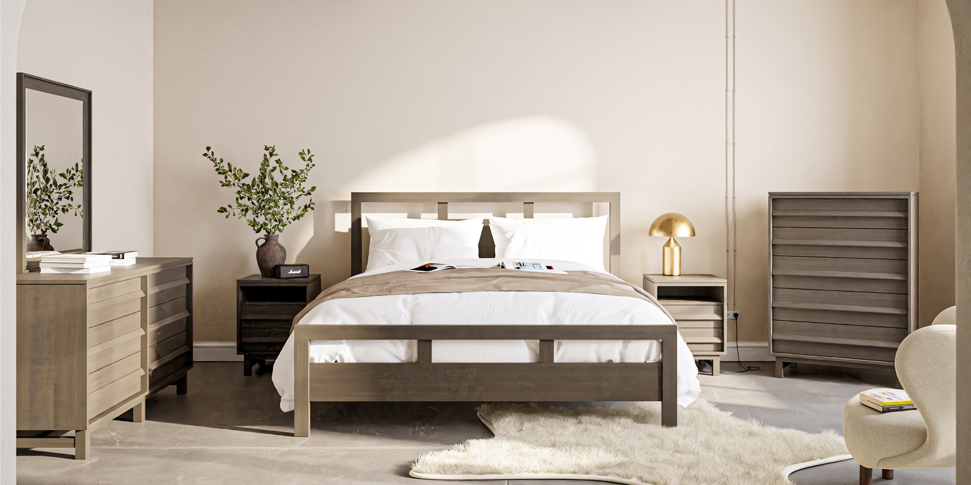 Warm solid wood bedroom furniture in a refined room setting
