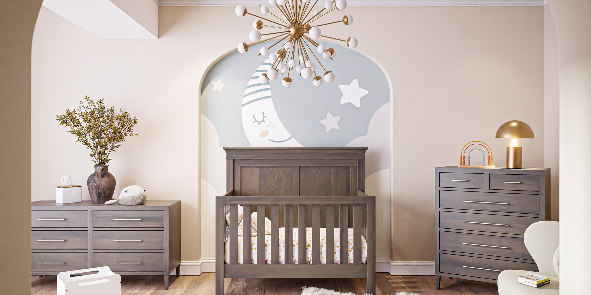 Solid wood crib and children’s furniture in a softly styled nursery