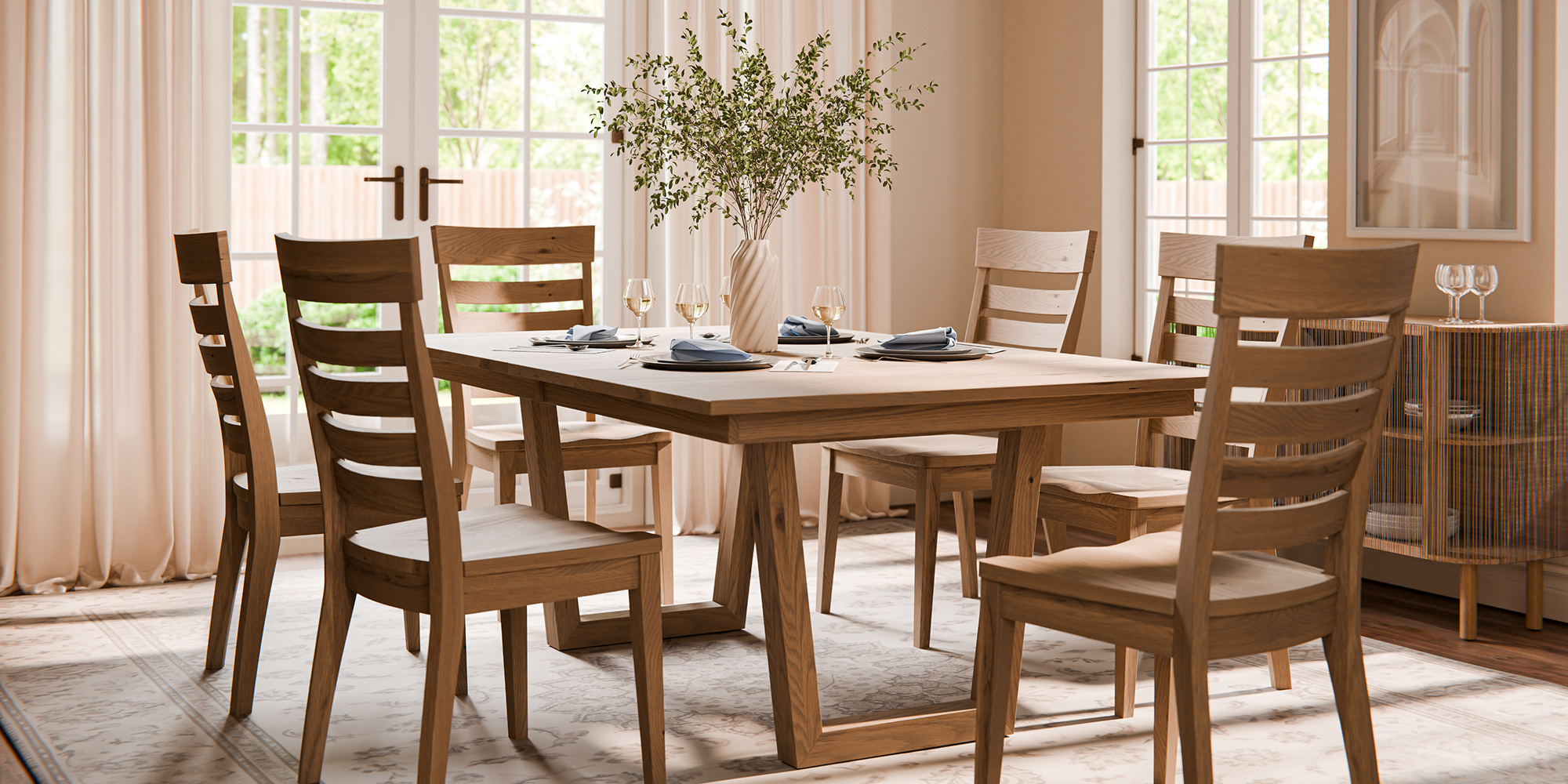 Solid wood dining table with ladder-back chairs in a bright dining room