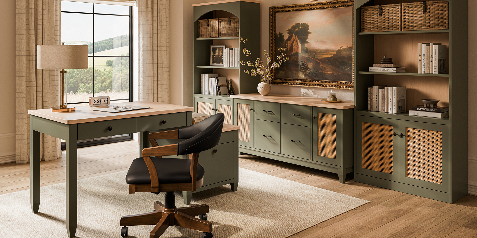 Solid wood desk, office chair, and bookcase in a light-filled workspace