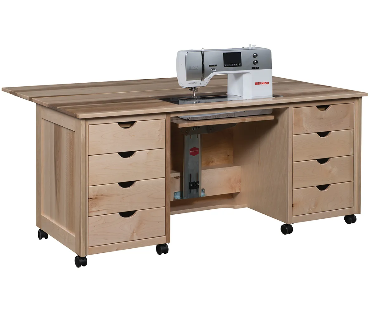 Natural wood Amish flat top sewing cabinet with drawers and a sewing machine