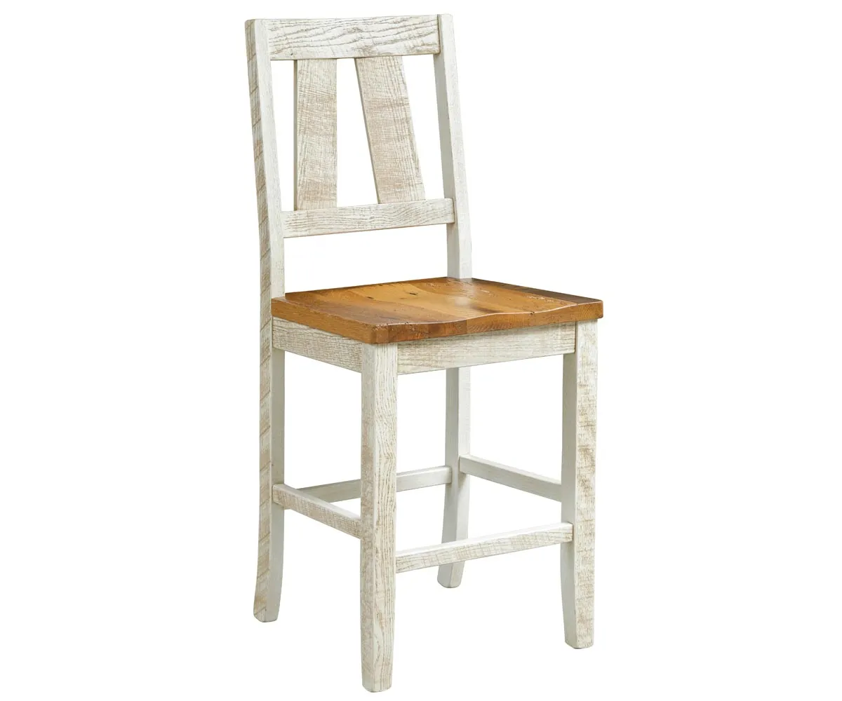 Amish Bridgeton bar chair with a distressed white frame and wood seat