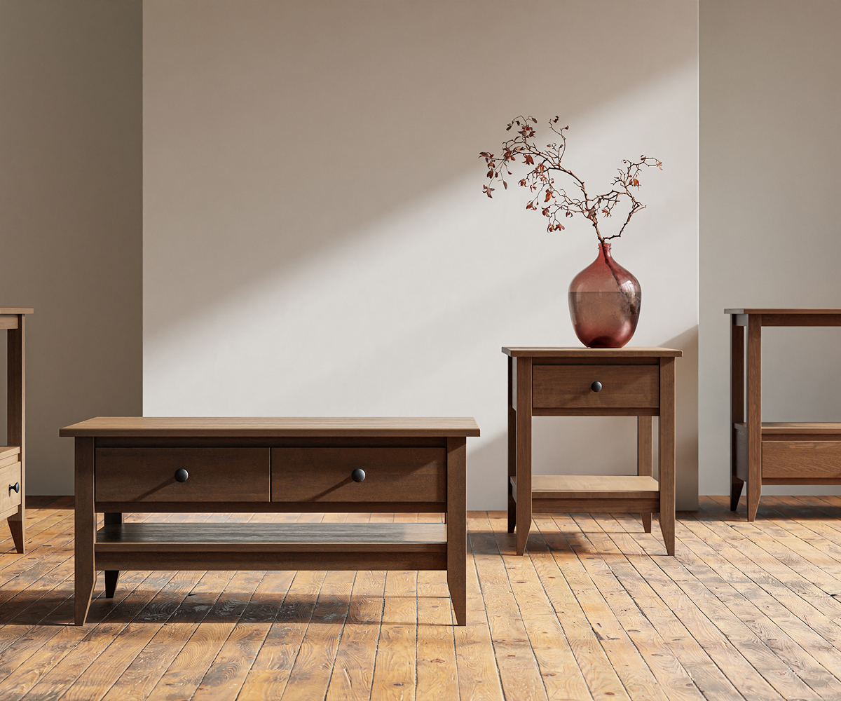 Solid wood coffee table and matching end tables in a softly lit room