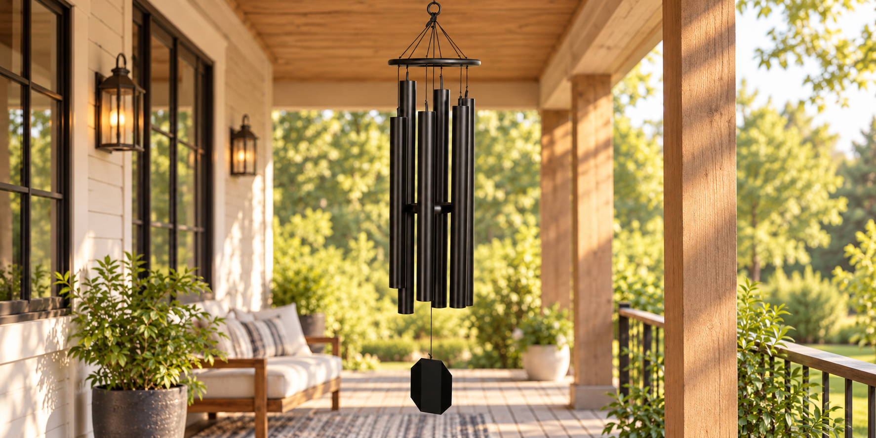 Black wind chime hanging from a covered front porch
